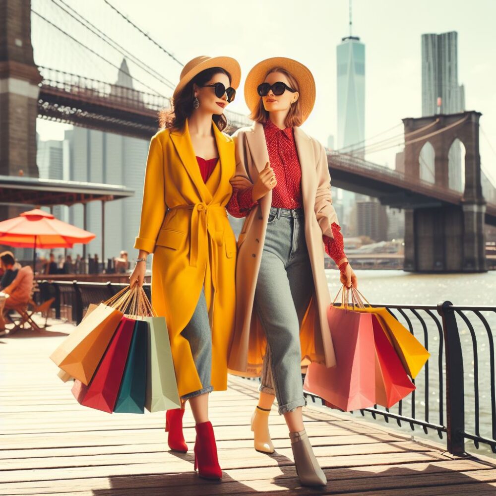 CoteNovoSeg seguro de vida, celular e viagem apresenta para curtir o roteiro com foto de AI com de mulheres com sacolas de compras e no fundo a ponte do brooklin