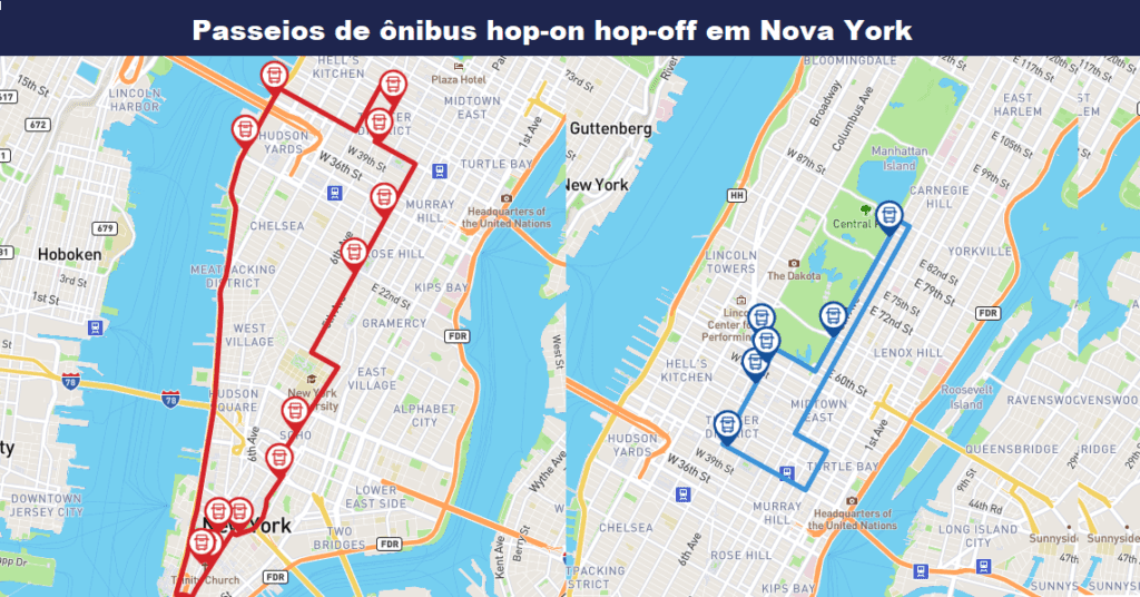 CoteNovoSeg seguro de vida, celular e viagem apresenta para curtir o roteiro com foto de exemplo de percuso e pontos turísticos de parada do Passeios de ônibus hop-on hop-off em Nova York