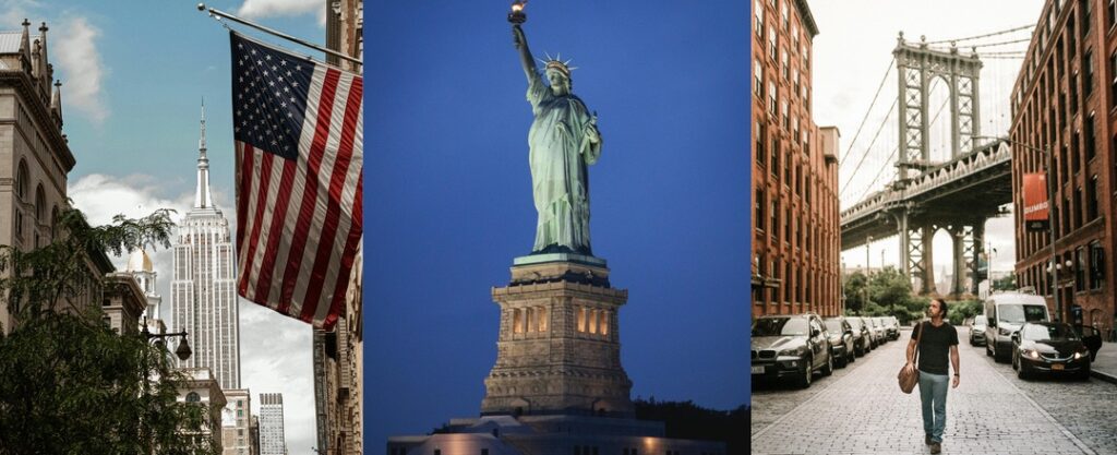 imagem variadas de lugares turistico em Nova York com estatua de liberdade, passaporte, museu, time square